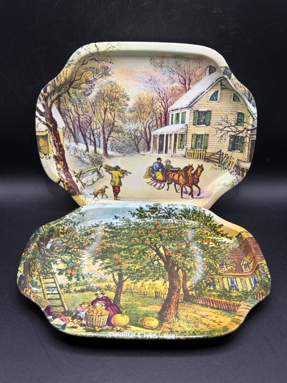 Set 4 Vintage Currier & Ives Seasonal Tin Trays, Trinket Keepsake Jewelry Dishes